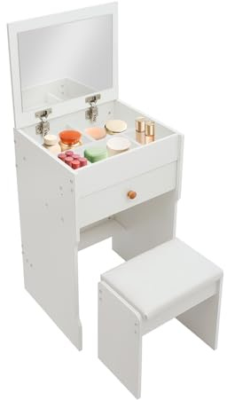 Hurrylying Mesa cosmética con espejo, mesa de cosméticos compacta con compartimentos de almacenamiento y taburete, mueble de maquillaje con espejo y taburete para dormitorio y estudio para mujeres