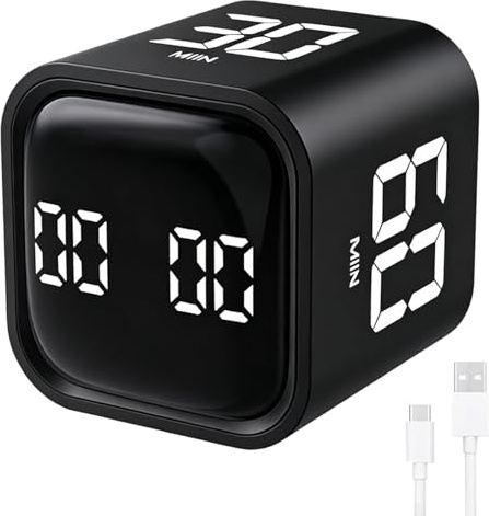 Vexnaro Temporizador Pomodoro, Cubo Temporizador Digital Rotativo con Cuenta Atrás 5/10/30/60 Minutos Batería Integrada para Cocina Estudio Oficina Gestión del Tiempo
