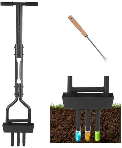 Plasaig Manueller Rasenlüfter mit Ablageschale, Profi Aerifizierer für Rasenpflege, Hohlspoon Rasenspecht mit 3 Sporen für verdichtete Böden, inkl. Gartengeräte Set & Vertikutierer