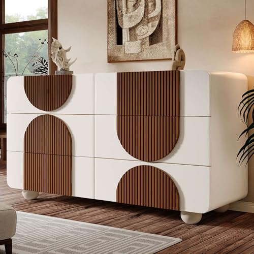 YEHTOKHOME Commode à 6 tiroirs avec Pieds en Bois Massif en Forme de Boule,Buffet avec Garniture en Bois rayé Couleur Chocolat,pour Salon,Salle à Manger et Chambre à Coucher (Blanc)