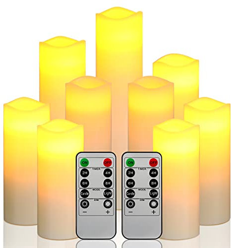 Flameless Candles LED Candles Battery Candle Set of 9(1 - H 22cm, 1 - H20cm, 1 - H18cm, 2-H16cm, 2-H14cm, 2-H13cm) Ivory True Wax Candle with Remote Timer