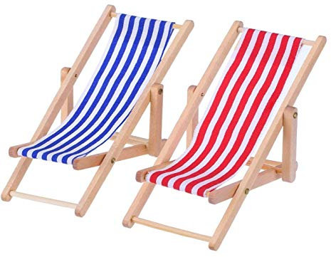 Miniatur Strand Stuhl, 2 Stück Hölzerner Mini Deko Liegestuhl | Puppenliegestuhl | Strandstuhl | Handyhalter | Miniliegestuhl | Klappstuhl, Blau-weißer Stoffsitz, ca.11x5cm