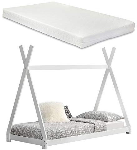[en.casa] Kinderbett Onejda mit Matratze 90x200cm Weiß Tipi Design Kiefernholz Bett Holzbett Hausbett Kaltschaummatratze Öko-Tex Standard 100 Allergikergeeignet Atmungsaktiv