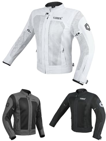 CUBER HI VIS BREATHABLE MESH MOTORCYCLE JACKET RIDING MENS CE ARMOR BIKERS RACING GEAR, DUAL SPORTS PROTECTIVE (WHITE-MEDIUM)