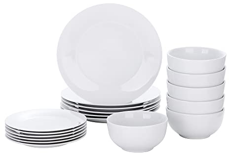 VEWEET, Serie Basic, 18-delars middagsservis med vitt porslin kombinations set med 6-delars middagstallrik, 6-delad desserttallrik, 6-delad frukostskål, för 6 personer