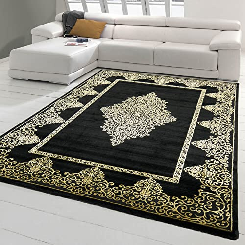 Teppich-Traum Modern kort lugg vardagsrumsmatta med ornament i svart guld storlek 120 x 170 cm