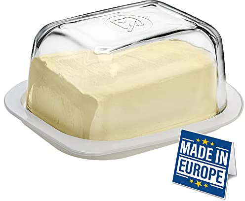 CRYSTALIA Mantequera con Vidrio Tapa, 405cc, 100 % Sin Plomo Tapa, Mantequera Bandeja Sin BPA, Mantequillera de Plástico con Cubiertas De Vidrio, Diseño Clásico, Plato para Queso, Butter Dish