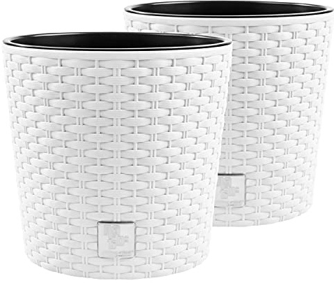 PAFEN 2X Blumentopf RATTO Rattan-Optik Kunststoff Topf Blumenkübel inkl. Einsatz Übertopf Weiß ⌀25cm