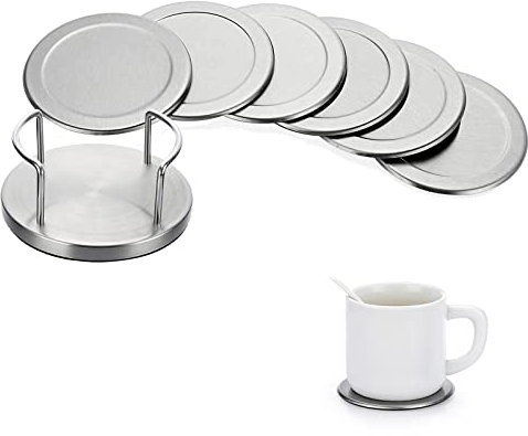 BTSKY 6 sottobicchieri rotondi in acciaio inox spazzolato 10 x 10 cm con supporto, sottobicchiere rotondo con fondo in spugna, sottobicchieri per bevande