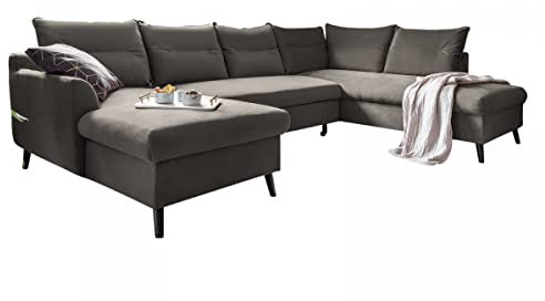 MIUFORM Ecksofa U-Form mit Schlaffunktion und Bettkasten | Stylish Stan | Wohnladschaft Couch Schlafcouch Wohnzimmer Gästezimmer | Holzlfüße Easy-Clean Stoff Samt (Grau, Rechts ausgerichtet)