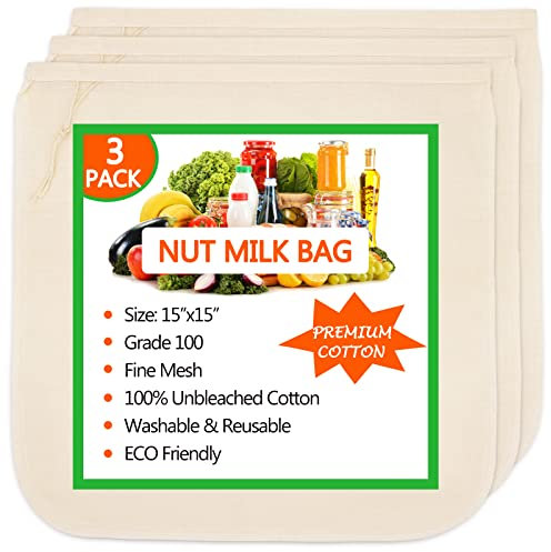 3 Pack Nut Milk Bag 15x15, Cheesecloth bags for Straining Reusable, 100% Unbleached Cotton Cloth, Almond/Oat/Soy Milk Strainer, Filter Bag for Cheese/Yogurt/Juice/Cold Brew Coffee Wine/Soup/Herbs