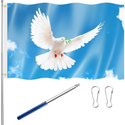 Tatuo Bandera de Paz 150 x 90 cm Bandera de Jardín de Paloma Bandera de Cielo Azul y Asta de Bandera de Acero Inoxidable Cuerda Colgante Azul y 2 Hebillas para Decoración de Fiestas Temáticas