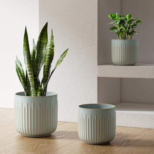 LE TAUCI Keramiska Blomkrukor 21+17,5+15 cm, Set med 3, Ytterkrukor med Dräneringshål, Ribbad Cylindrisk Design, för Svärmorstunga, Monstera och Inredning, med Nätinsats, Dimgrå