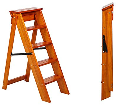 5 Step Wooden Ladder Stool Folding Stepladders Chair, Safety Non-Slip Wide Pedal Multifunction Stairway Ladders Shelf Flower Stand for Home Garden