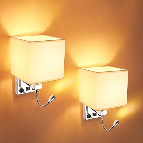 OurLeeme 2 Pcs Bedside Wall Lights with USB Port for Living Room Bedroom