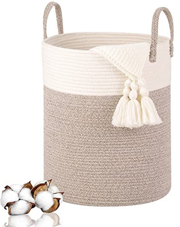 VORHOT Wäschekorb Geflochten aus Baumwolle, 66L Wäschesammler mit Henkel, Laundry Basket Aufbewahrungskorb Spielzeug, Korb Wäschebox für Wäschekammer Kinderzimmer Wohnzimmer Bad, 46x38cm