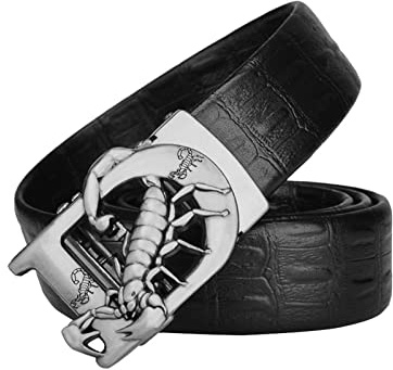 JIARY Gürtel Ratsche Automatik Belt, Geschnitztes Gold Buchstabe D & Skorpion Tier Automatikschließe Verstellbarer Ledergürtel Für Herren Damen,Black Silver,115CM/45.3''