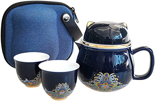 GImLY Portable Ceramic Tea Cup Set, Lucky Cat Ceramic Teapot Set With Handle, Tea Strainer, Lid And 2 Tea Cups, 1 Shockproof Storage Box, Suitable For Travel, Outdoor And Office. (blue)