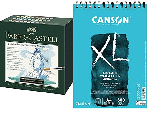 Faber-Castell 160330 Aquarellmarker Albrecht Dürer mit Doppelspitze für flächigen und präzisen Farbauftrag & CANSON XL Aquarelle C400039170: Aquarellpapier - Aquarellblock in DIN A4-300g, Blau