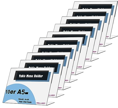 TUKA 10x Expositor de Mesa, A5 transversal, 2,5mm Acrílico Transparente, inclinado Soporte de sobremesa, Titular para Letreros de Folletos, Carteles, Fotos y Menús, Porta Carteles, TKD8201-A5-10x