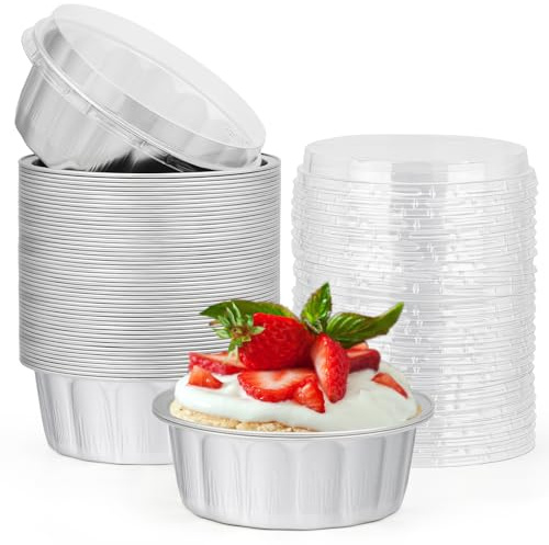Beasea Lot de 50 ramequins avec couvercles, 236,8 g - Gobelets jetables en aluminium pour la pâtisserie, la crème brûlée, les muffins, les cupcakes, les pudding - Pour fête, mariage, anniversaire