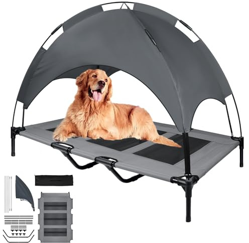 YARDIN Hundebett mit Baldachin, Haustierbett mit Dach, Erhöhtes Hundeliege, Hundehütte Outdoor Große Hunde, Haustier Liegeplatz draußen, Hundeliegeplatz Katzenbett Taftstoff - 122 x 92 x 102 cm