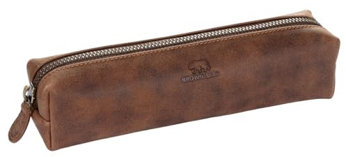 BROWN BEAR Reißverschluss Schreibgeräte-Etui Leder Braun Vintage - Echtleder Schlampermäppchen - Business Stifte-Etui - Federmäppchen BB 3041 HBR