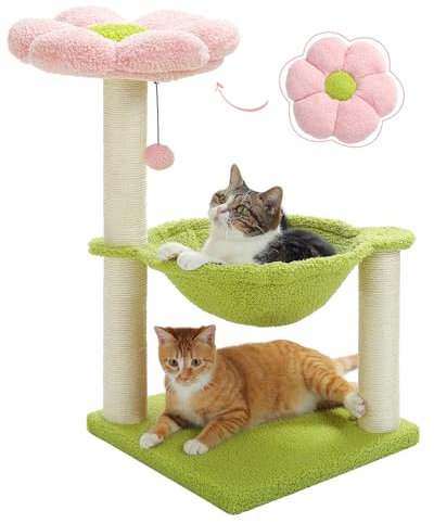 MUTTROS Árbol rascador para gatos de 28 pulgadas con hamaca grande de 15.7 pulgadas, juguete rascador alto para gatos, torre para gatos de interior, rosa