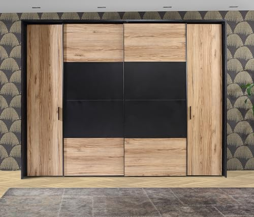 Forte Armadio DALATE 270, Guardaroba, Ante Scorrevoli Grande Camera da Letto Ante Battenti Stile Industriale, 4 Ante, Decoro Legno: Rovere Catania/Nero, 270x210x61 cm
