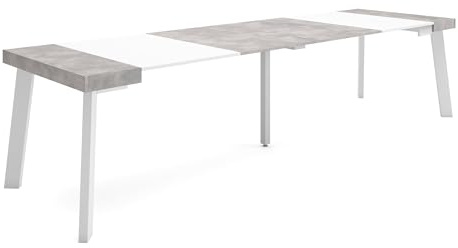 Skraut Home | Ausziehbarertisch | Multifunktionaler ausziehbarer | 300 | Für 14 Gäste | Hölzerne Beine | Moderner Stil | Mattweiß und Zement