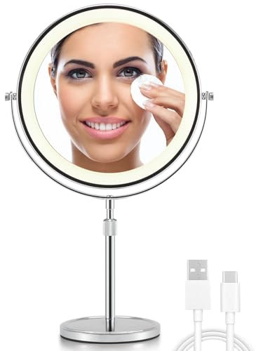 OMIRO 1X/10X Vergrößerungs Make-up Spiegel mit Lichtern, 21 cm Doppelseitiger Schwenkbarer Kosmetikspiegel mit Höhenverstellbarem Ständer (Silber)