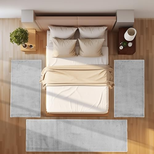 Tappeto passatoia per camera da letto, corridoio, tappeto da cucina, a pelo corto, set da 3 pezzi, stile boho, design moderno, morbido, argento