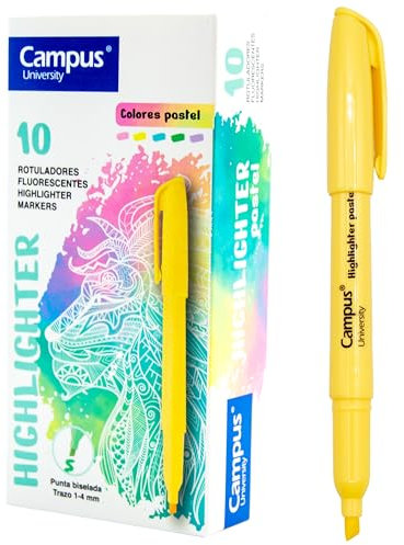 Campus – Evidenziatori Pastello, Matita pennarello con punta smussata, confezione da 10 evidenziatori a base d'acqua, evidenziatori pastello (giallo)