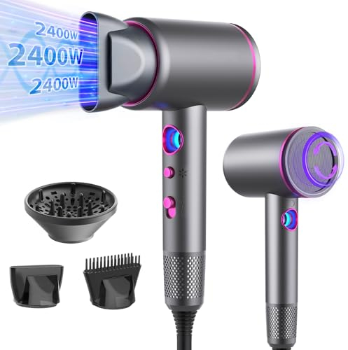 Anluomania Haartrockner Ionen, Föhn,Fön 2400W, Profi Haarfön, Reisefön, Professioneller Hair Dryer, Leicht Haarföhn Mit 3 Zubehör & Kontrollleuchte für Die Ringtemperatur, 3 Heiz/3 Geschwindigkeit