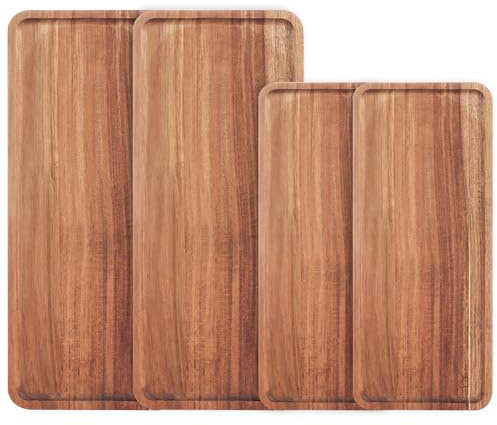 MEIDIV 4pcs Wooden Serving Tray, Wood Serving Platter with Raised Edge, Wooden Boards for Food Serving, Acacia Wood Tray for Snack Breakfast Sushi Coffee Tea Appetizer (36x14x1.5CM/28x10CM)