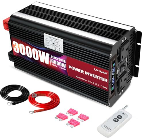LVYUAN 3000W Power Inverter DC 12V to 240V AC Converter 6000W Peak with 2 AC Sockets 1 USB, LCD Display and Wireless Remote Control, for Car Caravan Camping Boat Converter