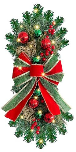 Künstliche Weihnachtsgirlanden, Tropfenförmige Weihnachts-Treppengirlanden, Künstliche Treppengirlande mit Schleife, Weihnachtskugeln, Rustikale Weihnachtsgirlande für Haustür,