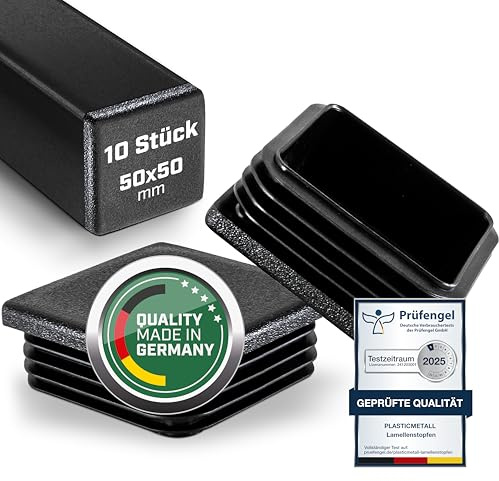 plasticmetall® Lamellenstopfen 50x50 mm für Vierkantrohr [10 STK] I Quadratische Rohrstopfen aus PE - Ideal für Aluprofil, Gartenmöbel & Stuhlbeine I Verschlussstopfen mit FUNKENEROSION-Struktur