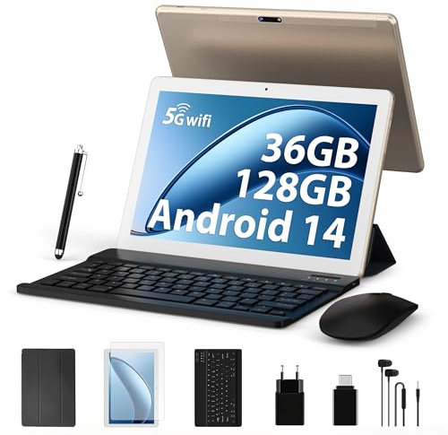FORUSER Tablet 10 Zoll 2024 Neuestes Android 14 Octa-Core 2.0GHz, 5G WiFi 6/ 36GB RAM+128GB ROM (TF 1TB), 8000mAh, Akku/WLAN/Bluetooth 5.0/Tablet mit Tastatur, Case(Gold)