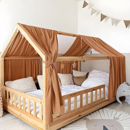 Rodelna Hausbett Himmel, Hausbett Deko Set, 100% Bio-Musselin Baumwolle, Stoffhimmel für Hausbett Deko Mädchen & Jungen, Bett Vorhang Kinderbett Betthimmel-Himmel für Hausbett Kinder