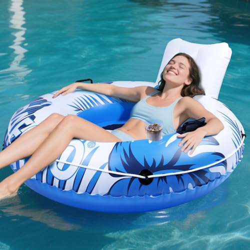 Inflatable River Tube Float, Pool Float Adult Heavy Duty, 135cm River Tubes for Beach Lake Rafting with Mesh Bottom, Comfortable Backrest 2 Cup Holders 2 Durable Grab Handles, 205kg Weight Capacity