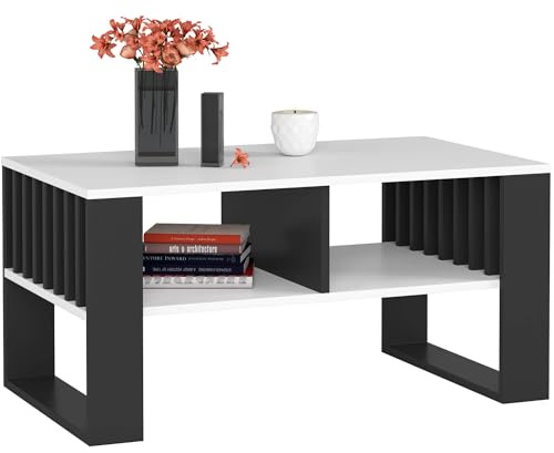 AKORD Couchtisch Holz Rockford mit einem Regal, 92x45x53cm, Für Wohnzimmer, Schlafzimmer Schrank, Minimalistisch Modernes Design, Schichtstoffplatte 16mm, Farbe Weiß & Schwarz