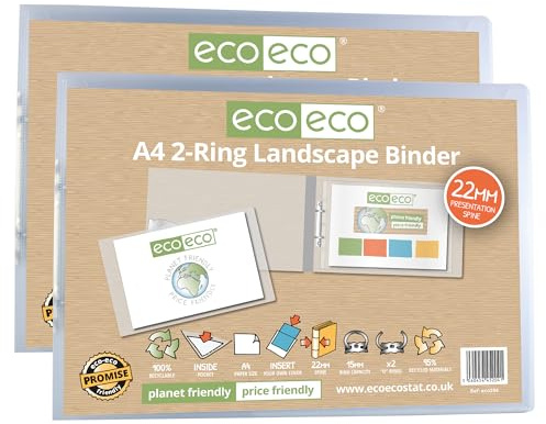 eco-eco Eco204 x 2 A4-Ordner aus 95% recyceltem Material, 22 mm Rücken, 2 Ringe, Querformat, transparent, 2 Stück