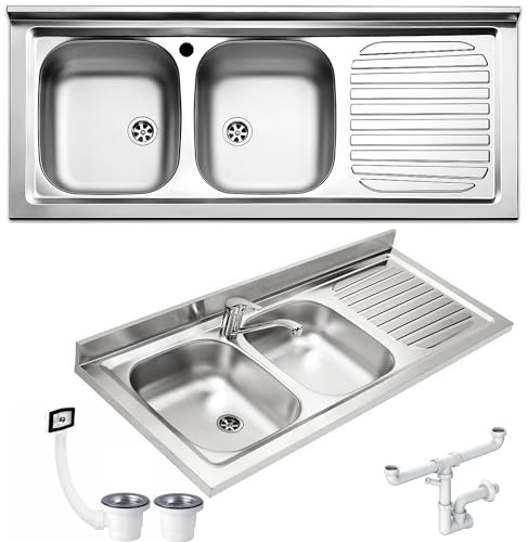 Lavello FHULLER Monostampo Da Appoggio 120X50 In Acciaio Inox AISI 304 Con Due Vasche a SINISTRA e Gocciolatoio a DESTRA Per Sottolavello da 120 Cucina Componibile Modello Pisa PI1202MRPC