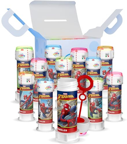 Bubble World Bolle di sapone SPIDER-MAN per bambini Party Pack confezione 12 pz da 60 ml Gadget compleanno a tema Supereroi Made in Italy