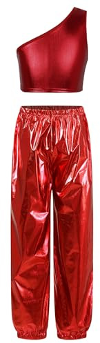 MSemis Completi Sportivi da Danza Moderna Jazz Hip Hop Bambine Ragazze Tute da Ginnastica Ballo di Strada Crop Top Monospalla Paillettes Canotte + Pantaloni con Cintura Rosso A 7-8 anni