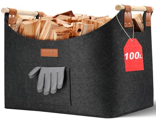 Ezilif Panier à bois pour bois de cheminée - Taille XXL - Avec double cuir renforcé - 100 l - En feutre - Avec poche avant - Pliable - 60 x 40 x 40 cm