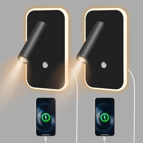 Nastopee 2Pcs Liseuse Applique Murale LED avec interrupteur, Port usb et Type C, Liseuse de Chevet Dimmable en continu, 3W+9W 3000K Moderne Li-seuse Murale Chambre pour Chambre Salon Hôtel Lire