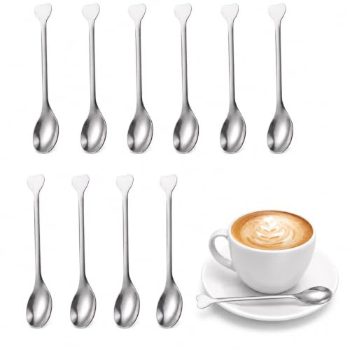 OUNONA Cuillères à dessert cœur, 12 pièces, inox, 11,5 cm | Manche en forme de cœur pour desserts, yaourts et boissons