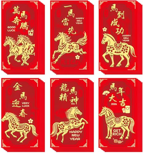 36 Stück Chinesische Neujahrs Rote Umschläge 2026 – Hongbao Geldumschläge im Jahr des Glückspferdes – Geprägte Folien-Geschenkümschläge für Geld, Spring Festival & Neujahrsgeschenke